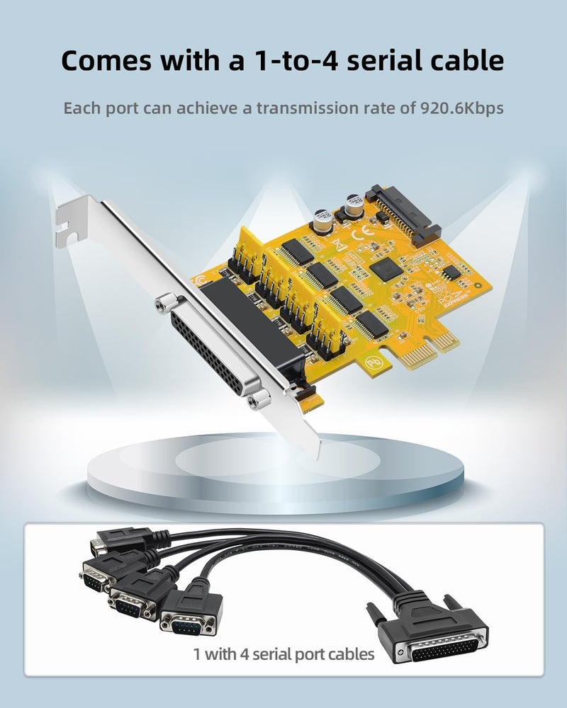 Buacoz 4-Port PCIe to RS232 Serial Port Expansion Card with 5V/12V Power Supply - 9-Pin COM Port Adapter 1-to-4 Multi-Port RS232 Card for Industrial Control, Automation, and Legacy Devices - Image 5